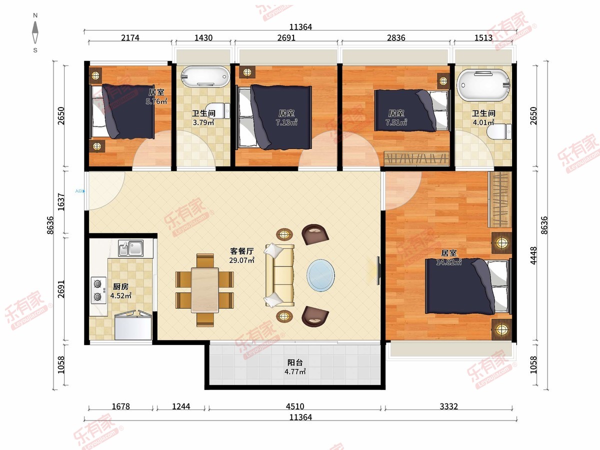 金科景业.雍景园 4房2厅2卫1厨1阳96.0m² 南