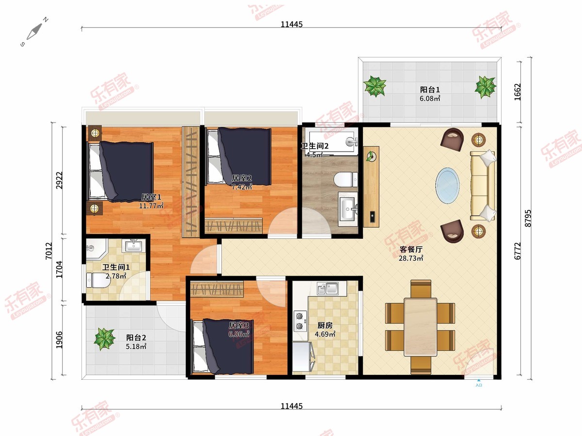 嘉辉公馆 3房2厅2卫1厨2阳103.0m² 南