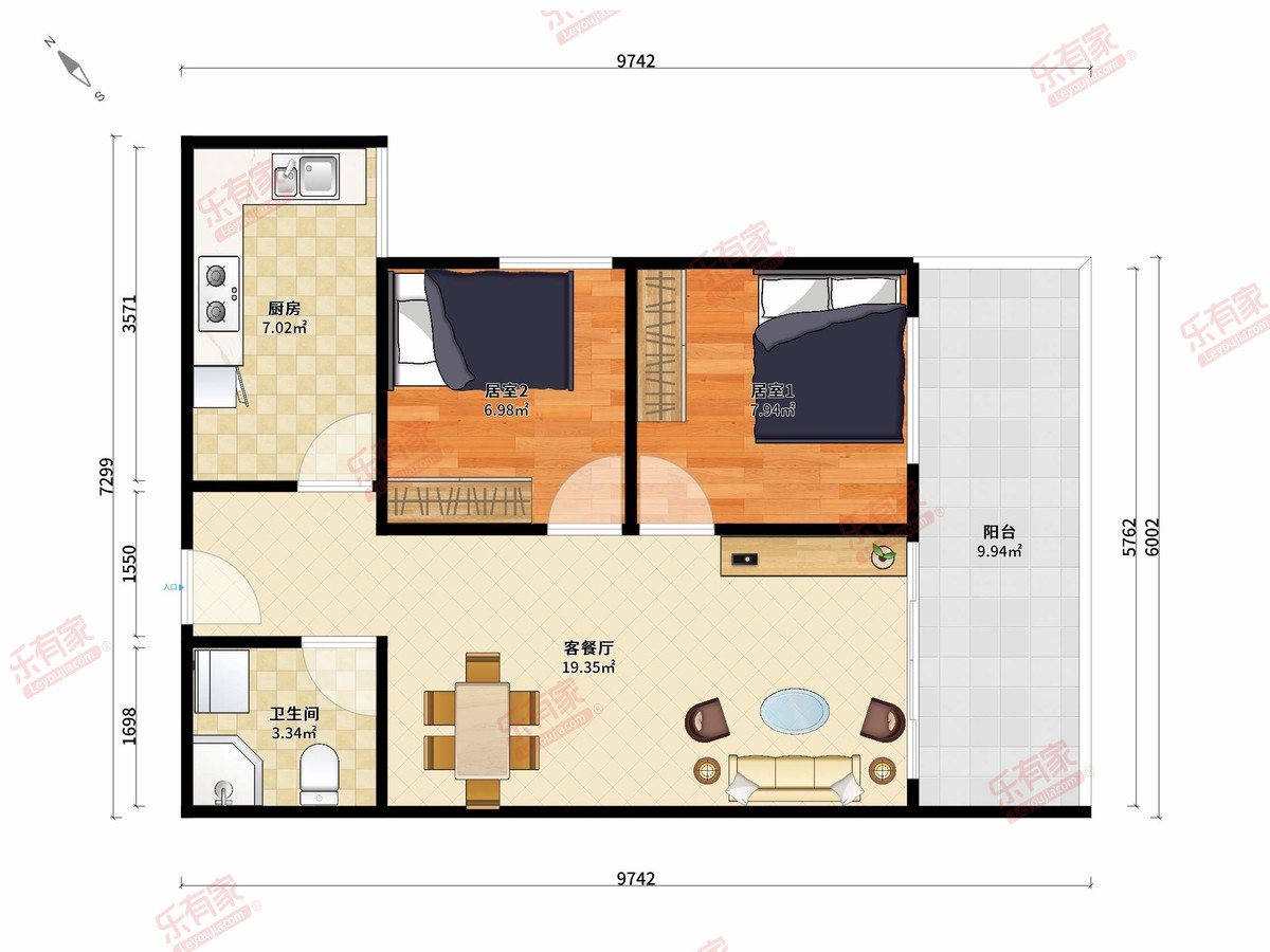 嘉辉公馆 2房2厅1卫1厨1阳70.0m² 南