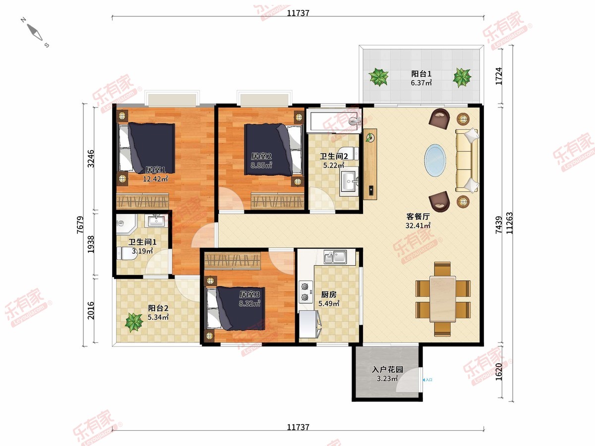 嘉辉公馆 3房2厅2卫1厨2阳115.0m² 南