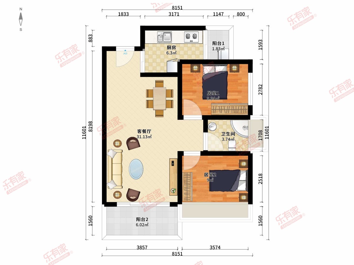 牧云左岸公馆 2房2厅1卫1厨2阳75.88m² 南