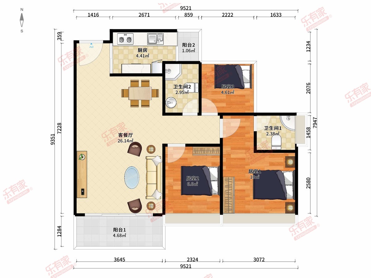 牧云左岸公馆 3房2厅2卫1厨2阳89.15m² 南