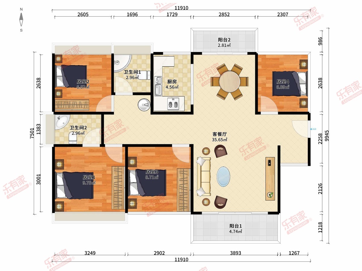 牧云左岸公馆 4房2厅2卫1厨2阳116.15m² 南北