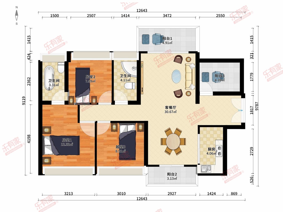 华策御水花园 3房2厅2卫1厨3阳112.0m² 南北