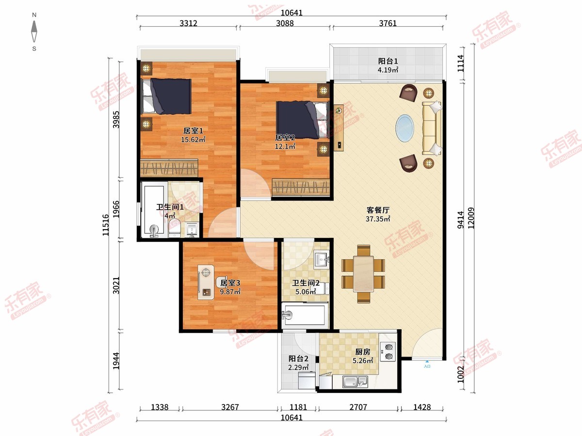 信业尚上名筑 3房2厅2卫1厨2阳97.27m² 北