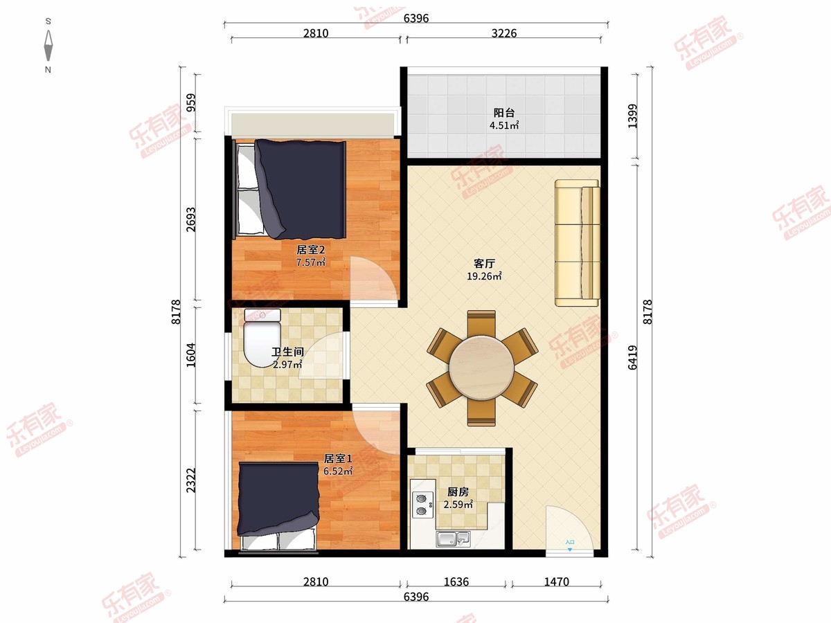 九鼎国际城 2房1厅1卫 57.83㎡