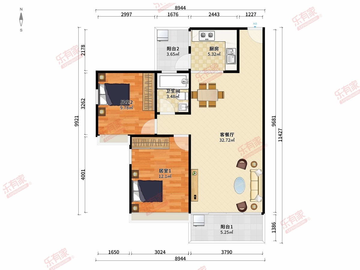 凯尚名都花园 2房2厅1卫1厨2阳92.98m² 南