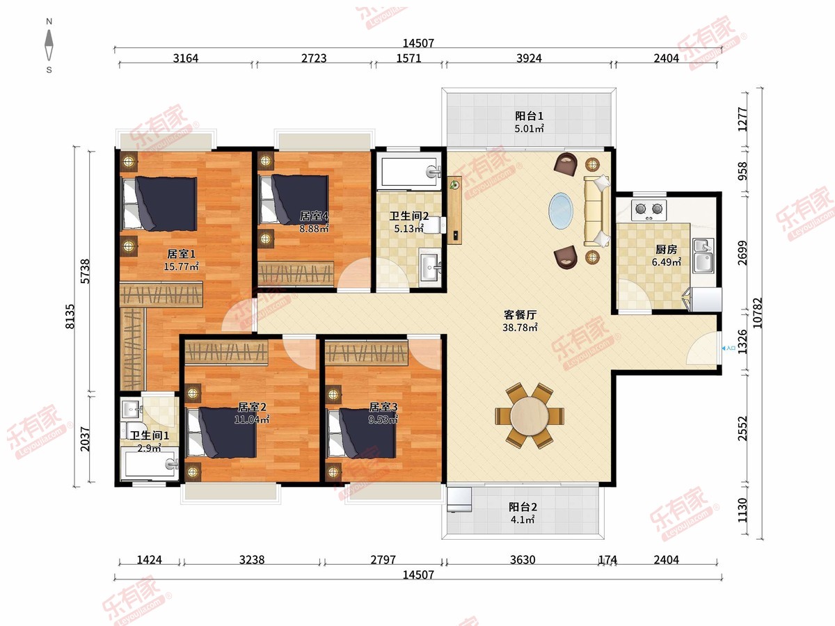 凯尚名都花园 4房2厅2卫1厨2阳132.99m² 南北