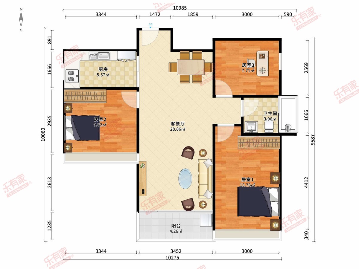 繁花里花园 3房2厅1卫1厨1阳75.58m² 南