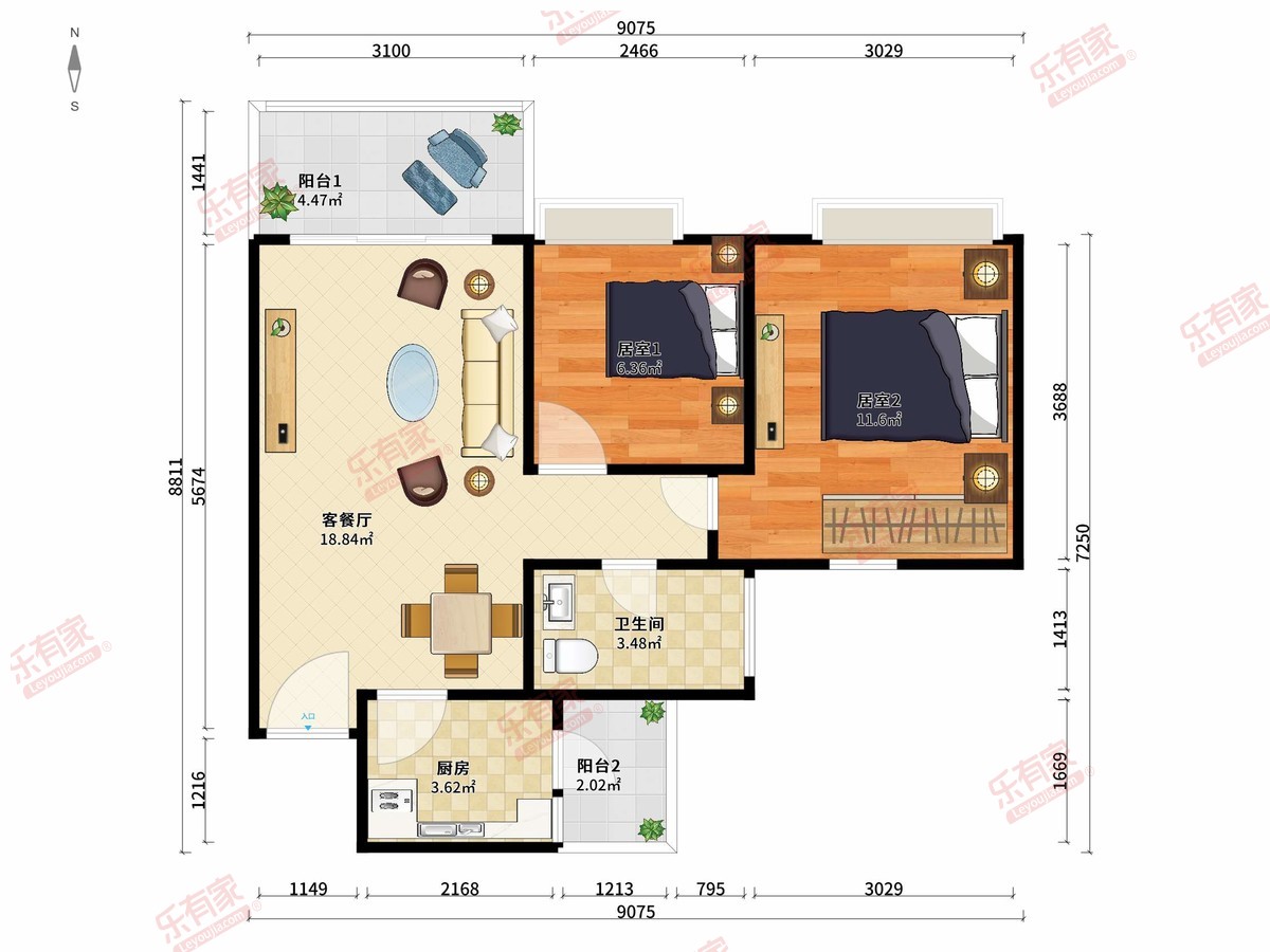 皓玥花园 2房2厅1卫1厨2阳78.0m² 南