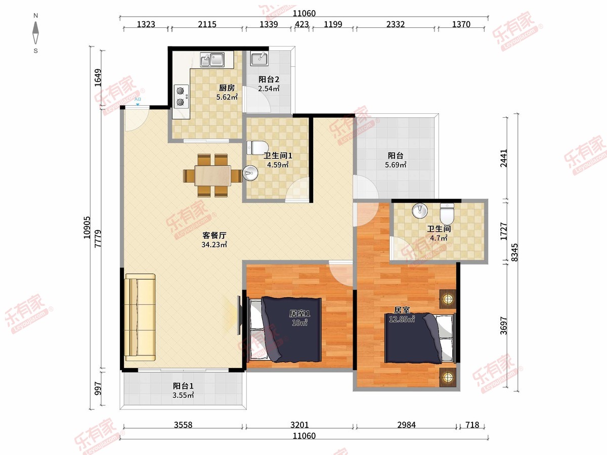 佳兆业时代可园一期 2房2厅2卫1厨3阳97.0m² 南