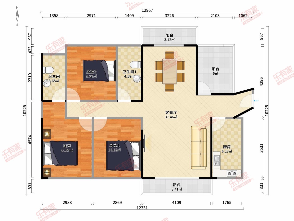 佳兆业时代可园一期 3房2厅2卫1厨3阳113.6m² 南