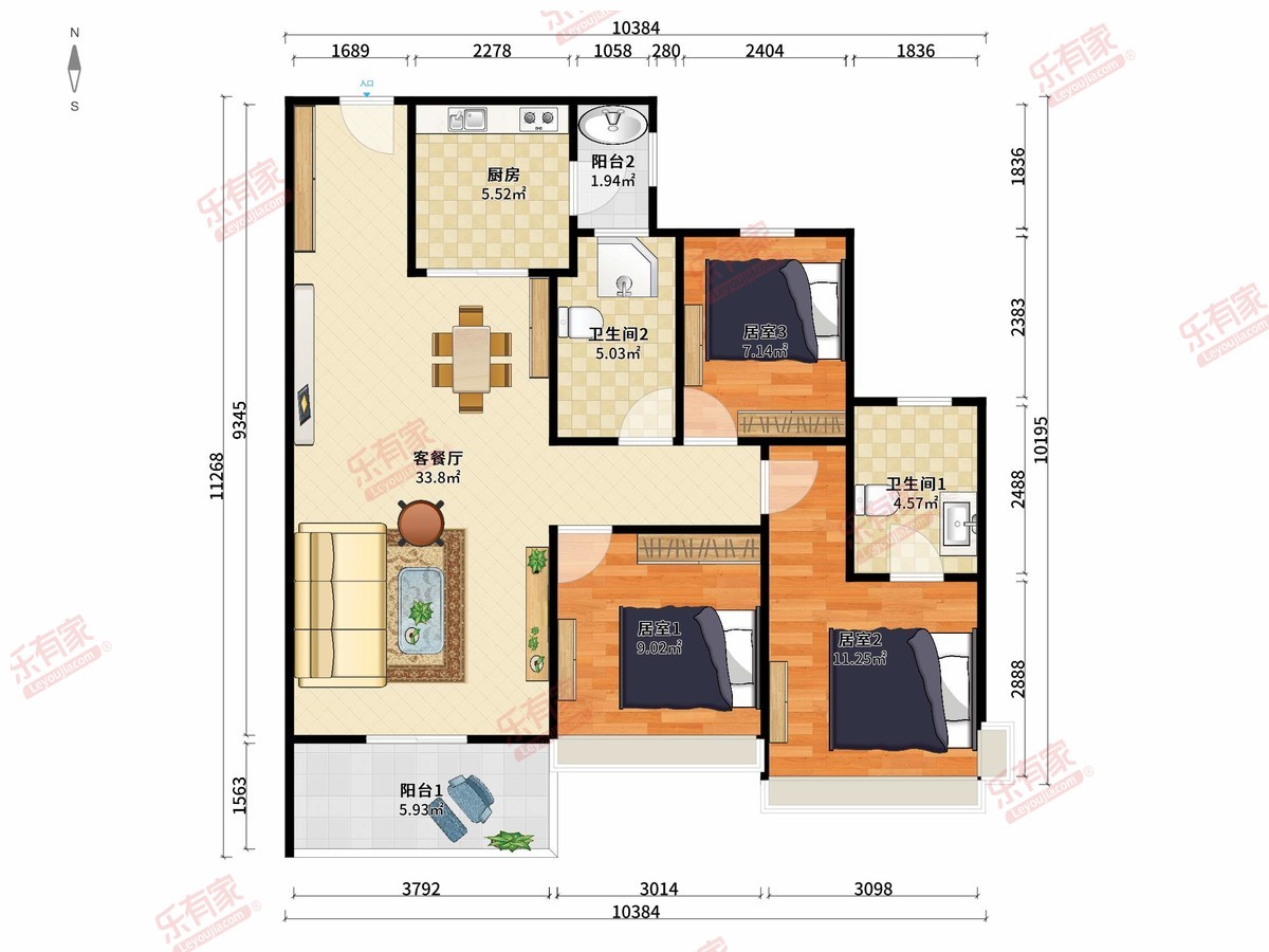 中铁梧桐苑花园 3房2厅2卫1厨2阳98.0m² 南北 2