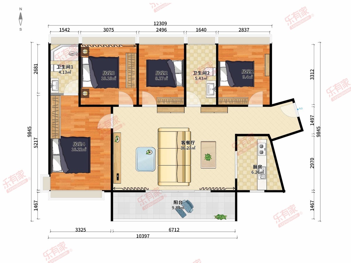 中铁梧桐苑花园 4房2厅2卫1厨1阳125.0m² 南北