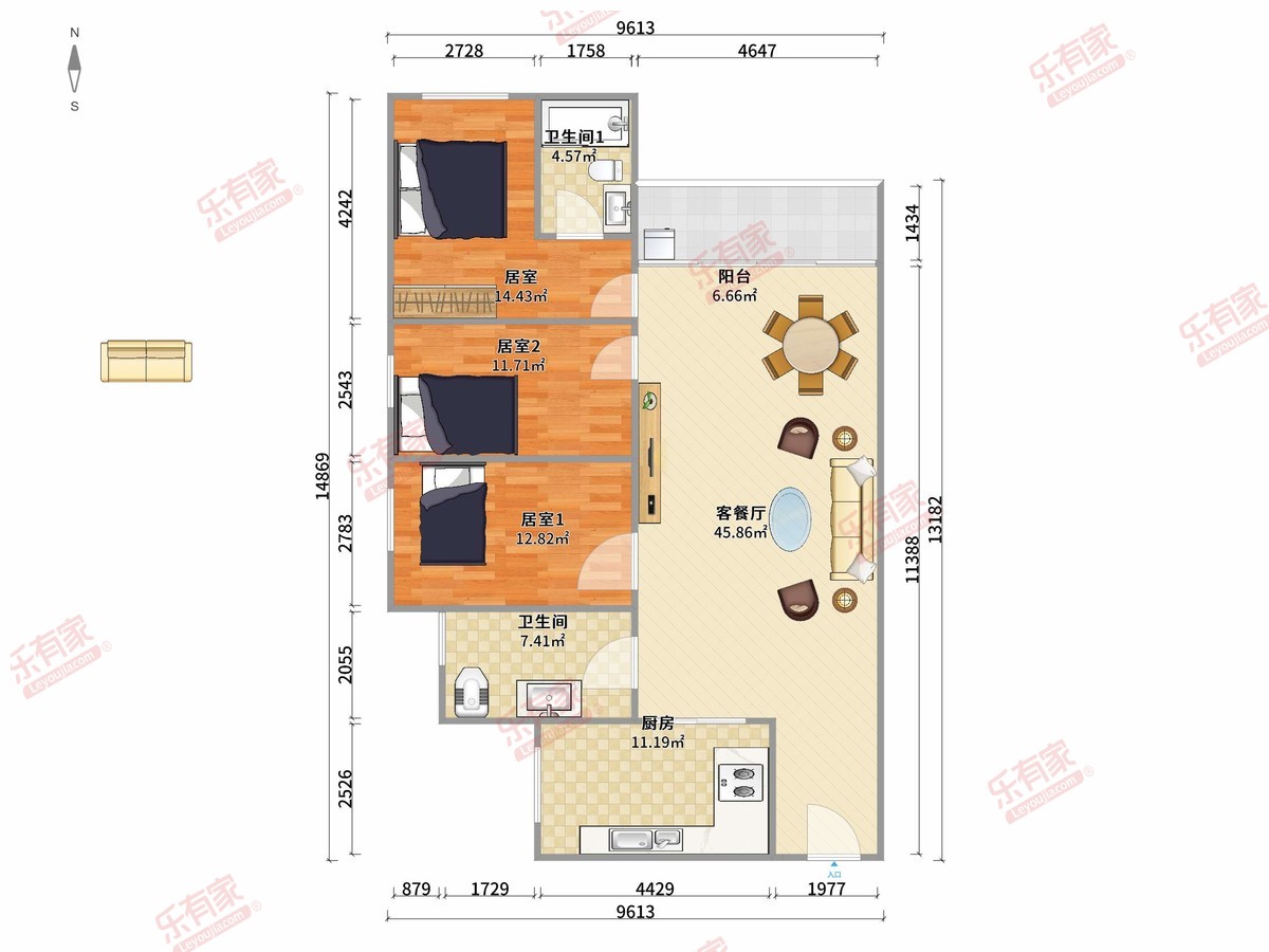 新幸福领汇家园 3房2厅2卫1厨1阳131.0m² 东