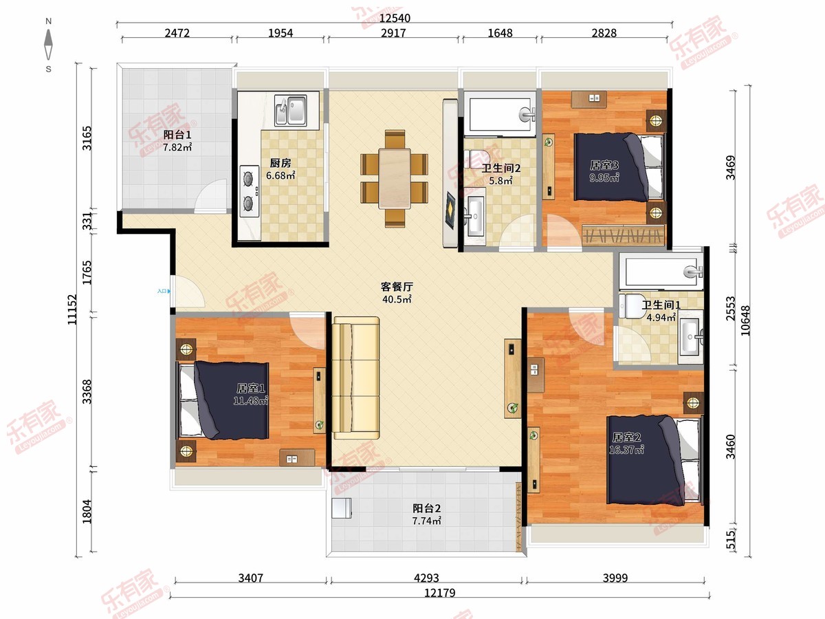 康桥悦蓉园 3房2厅2卫1厨2阳111.28m² 南