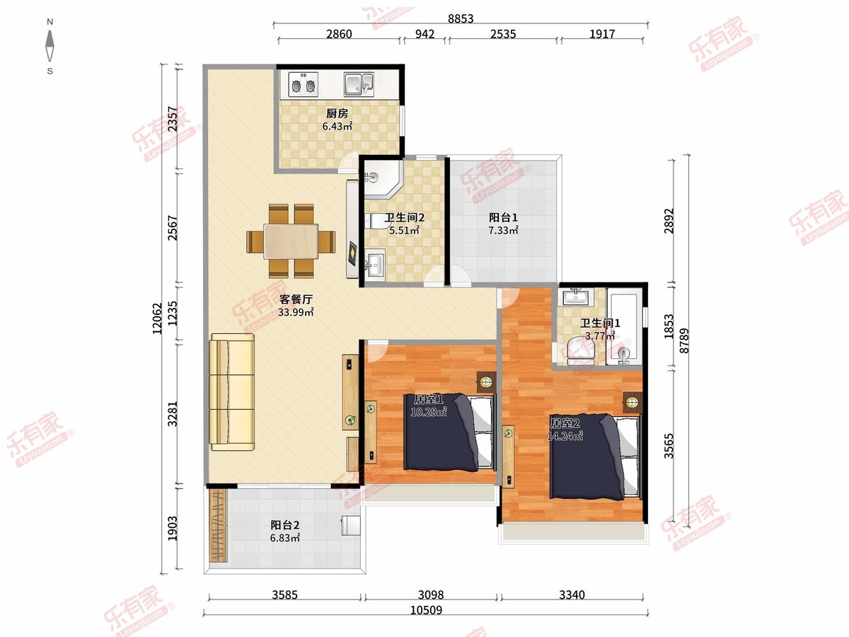 康桥悦蓉园 2房2厅2卫1厨2阳89.0m² 南