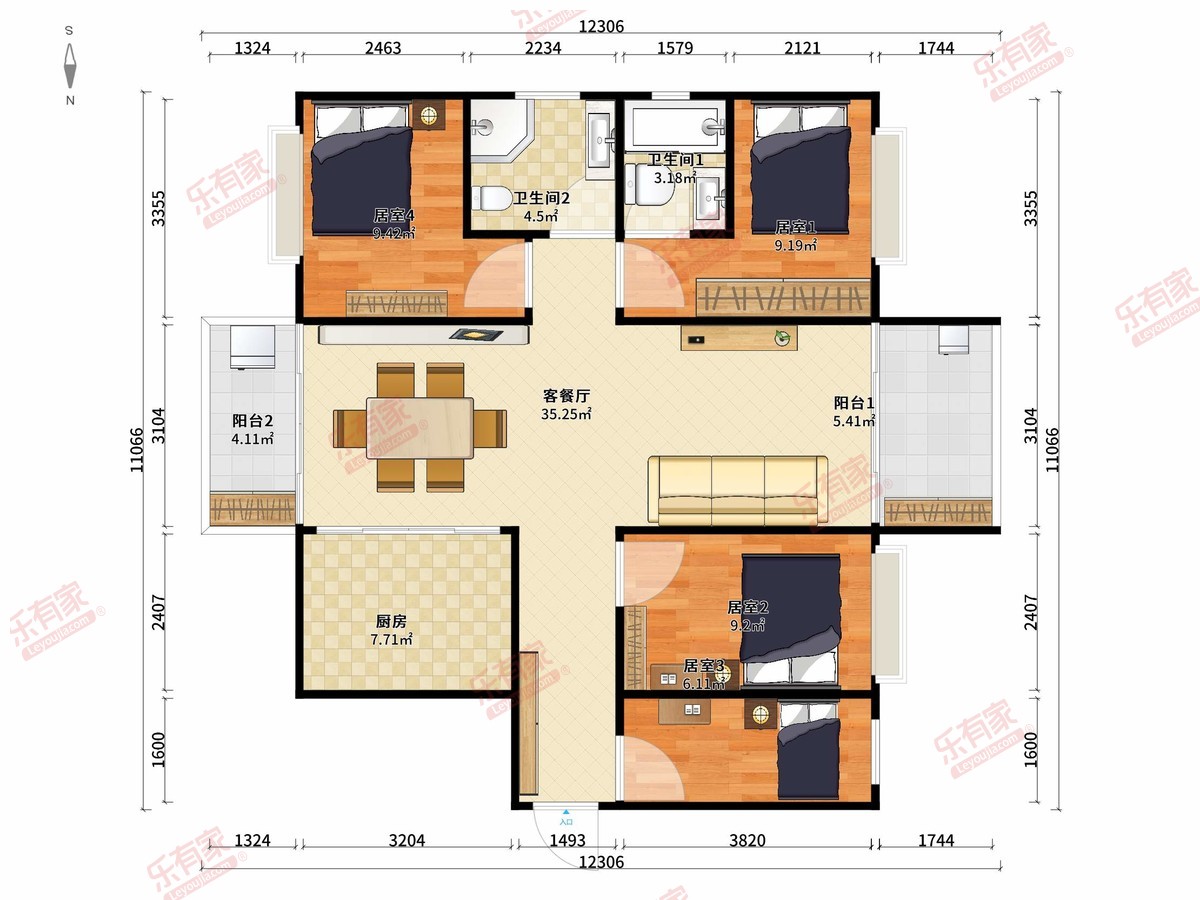 中铭-新达花园 4房2厅2卫1厨2阳112.0m² 南北