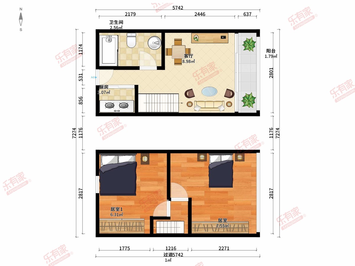 融创公园首府 2房1厅1卫1厨1阳38.0m² 南