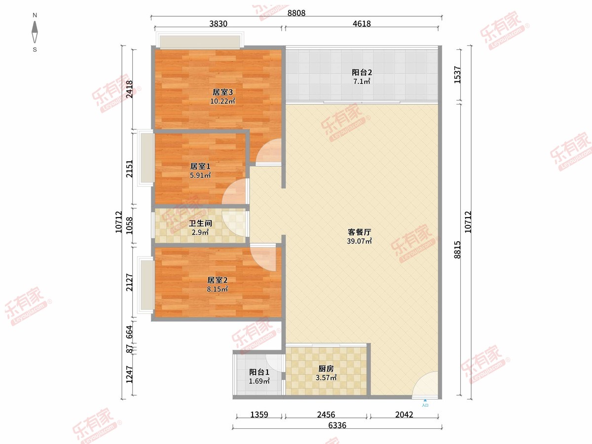 聚兴花园 3房2厅1卫1厨2阳93.0m² 南