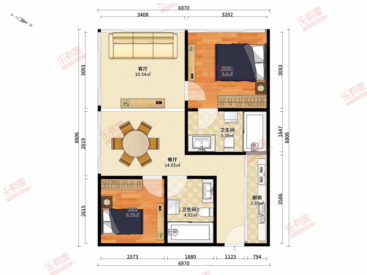 海世界 2房2厅2卫1厨0阳87.0m² 西南