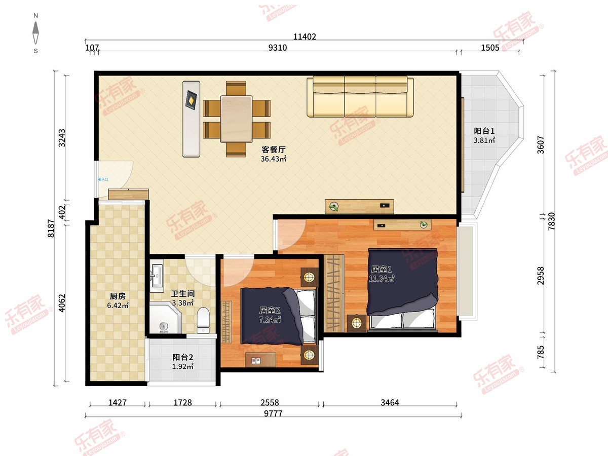 鹿茵华庭 2房2厅1卫1厨2阳86.14m² 东