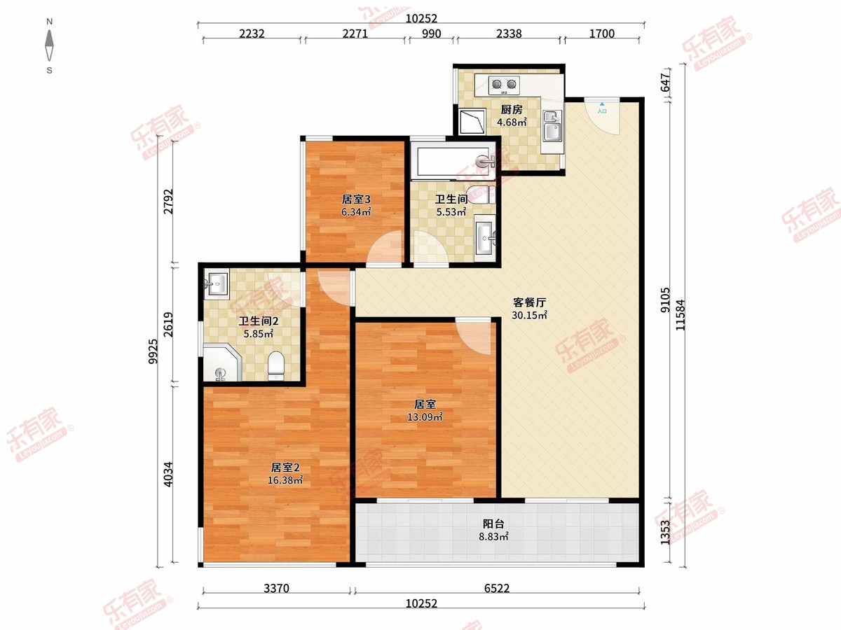 远洋风景 3房2厅2卫1厨1阳95.0m² 南