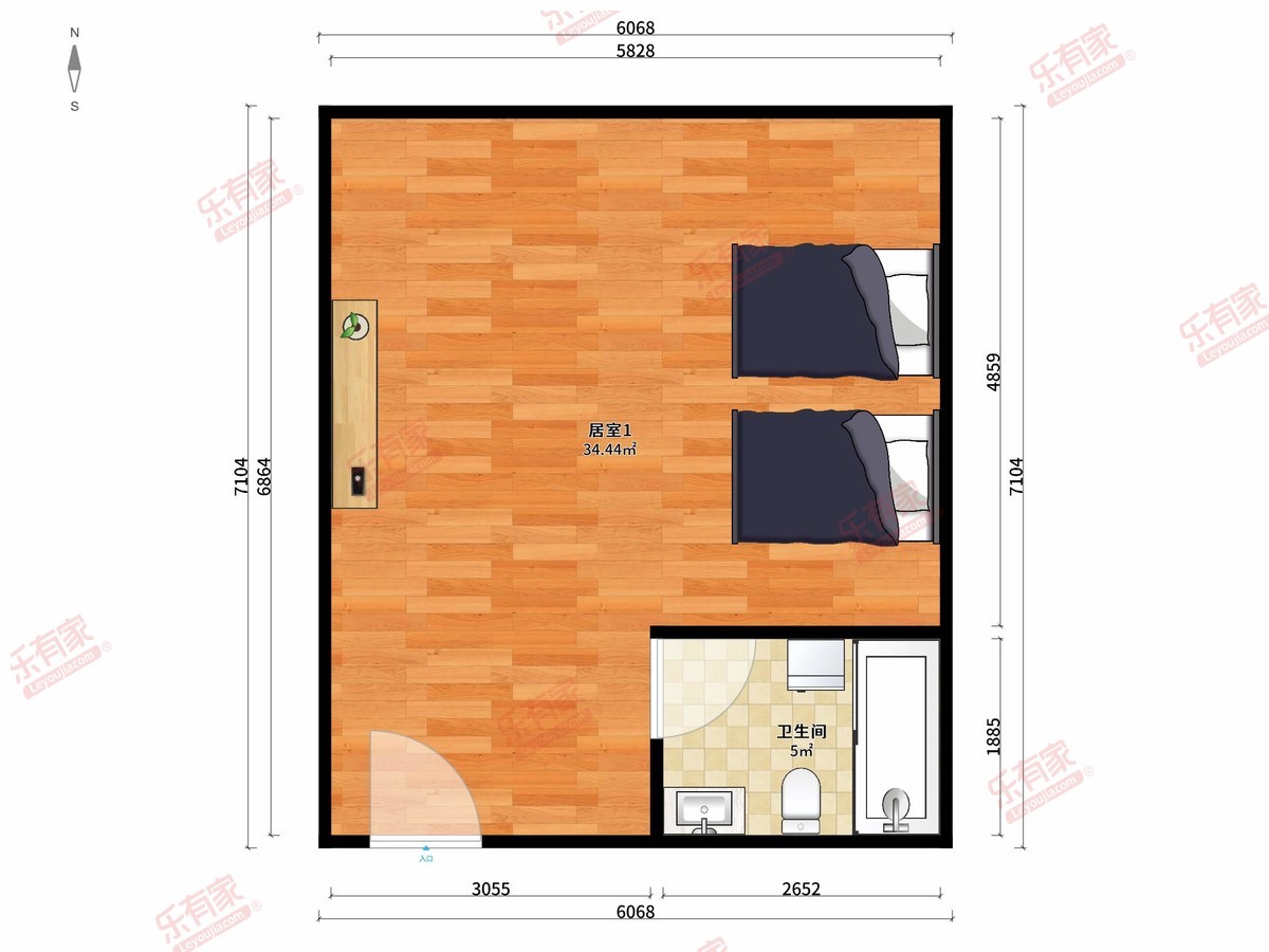 中怡新天地 1房0厅1卫0厨0阳43.0m² 北