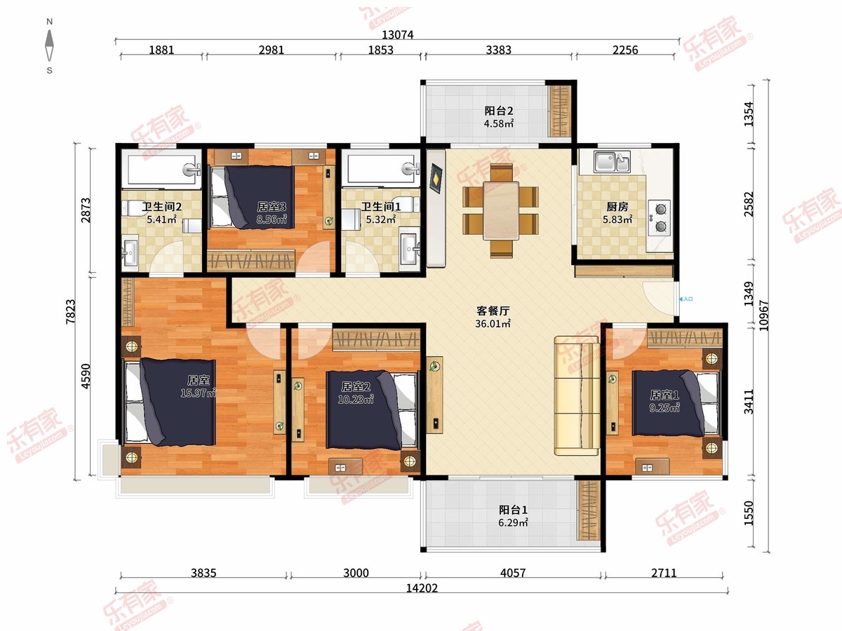 远洋风景 4房2厅2卫1厨2阳110.0m² 南北