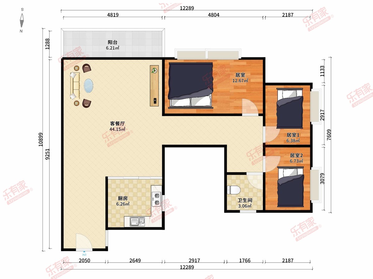 恒裕江山汇 3房2厅1卫1厨1阳86.0m² 南 1