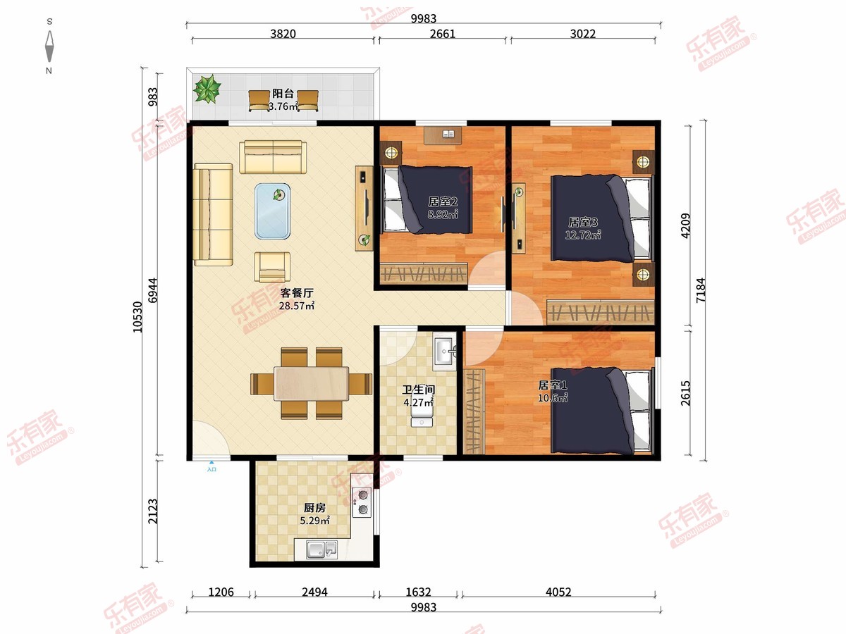 翡翠山庄 3房2厅1卫 80㎡