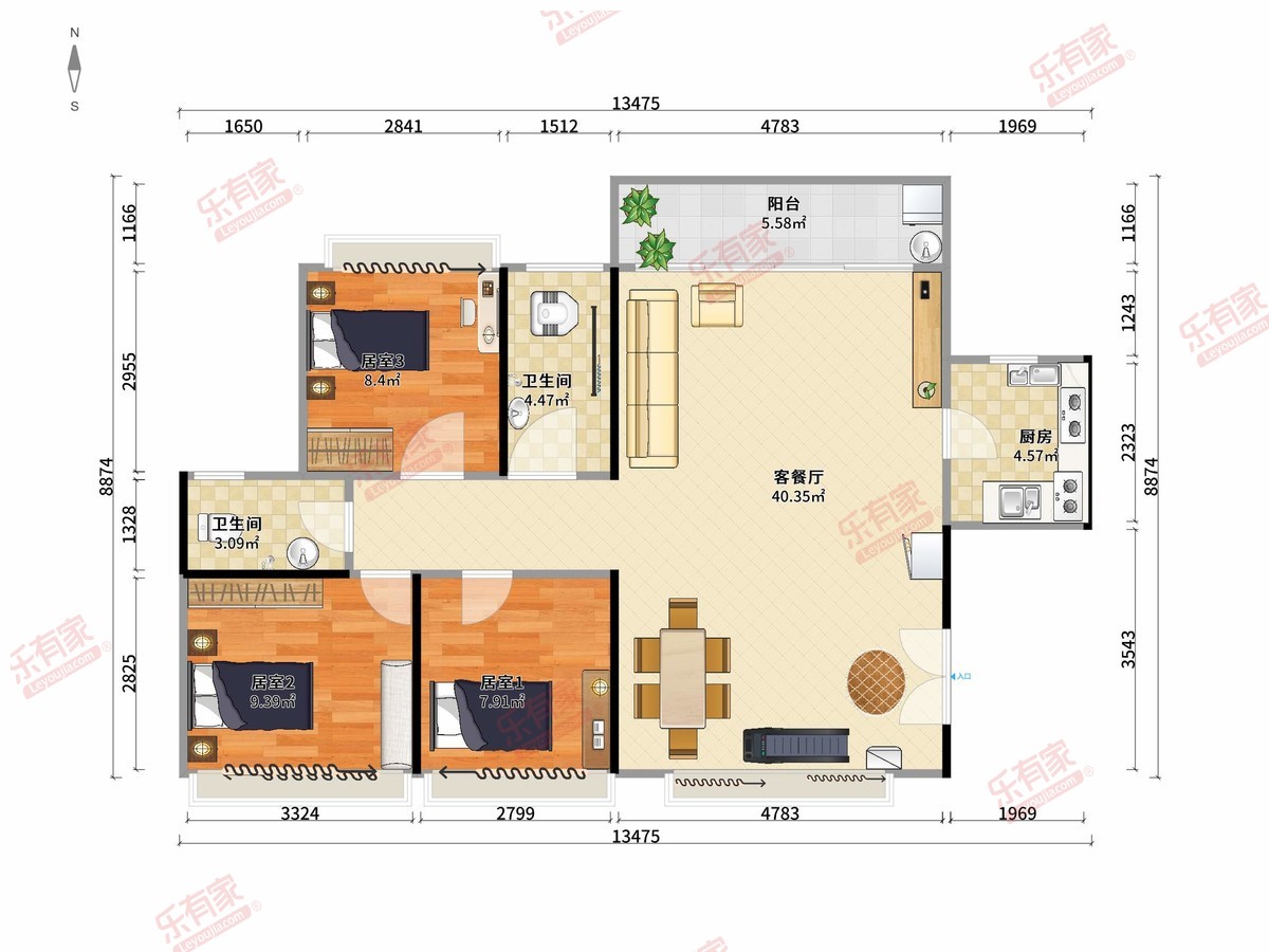 益丞富隆居 3房2厅2卫 99.7㎡