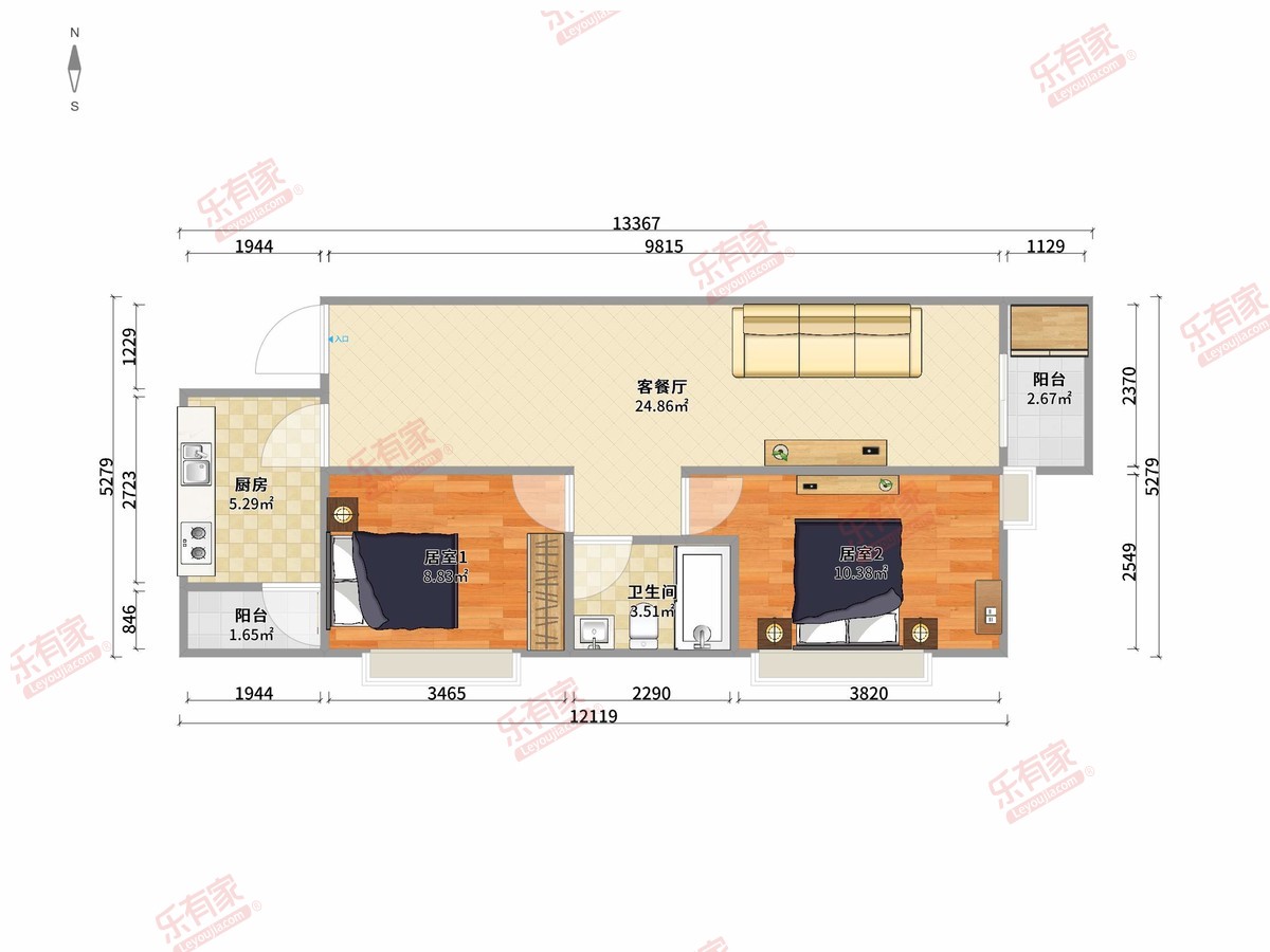 国韵雍庭 2房2厅1卫1厨2阳58.0m² 东