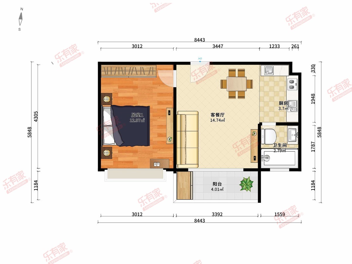 中澳滨河湾7期 1房2厅1卫1厨1阳50.79m² 南