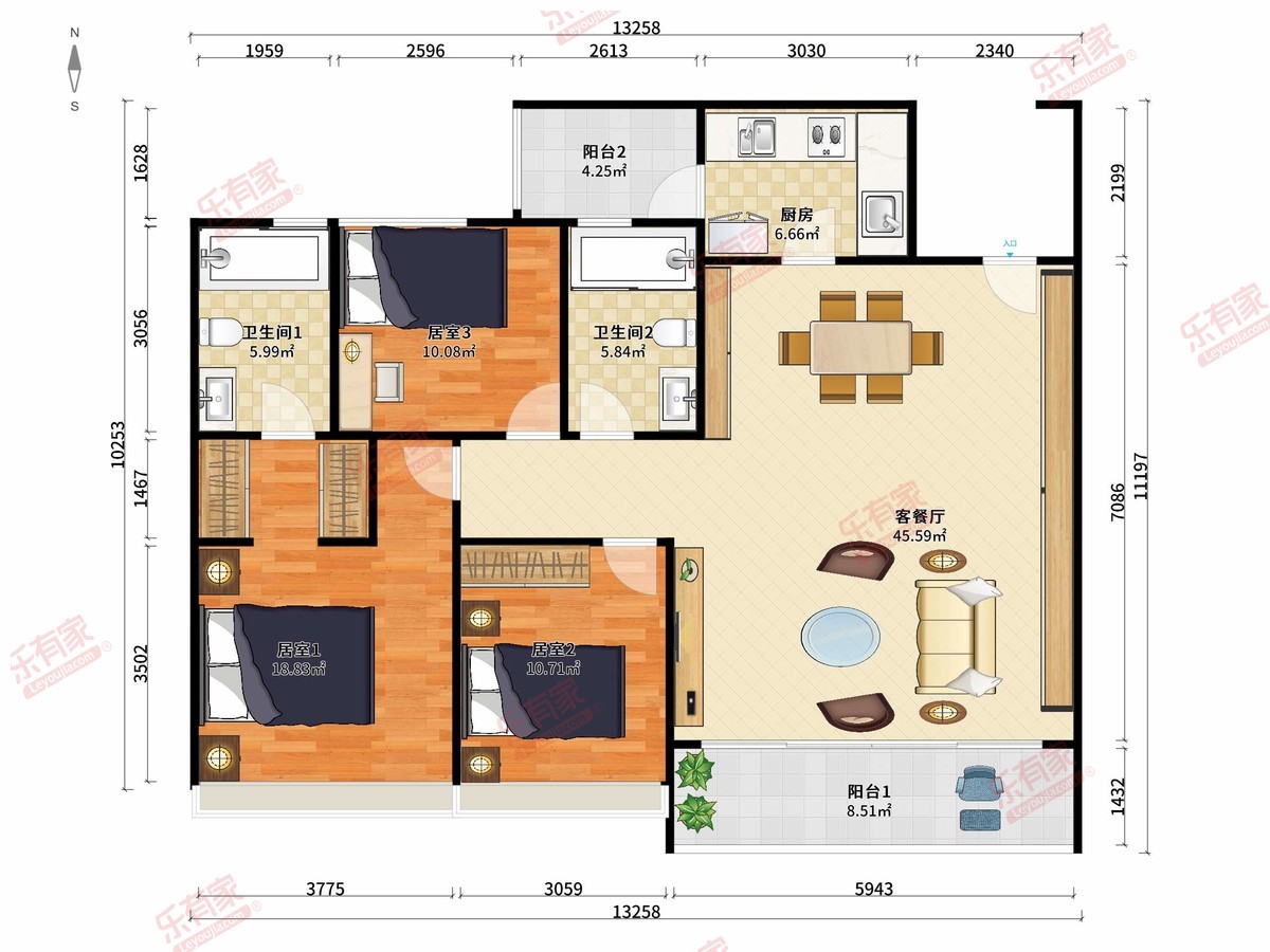 万科大都会家园 3房2厅2卫1厨2阳122.0m² 西南