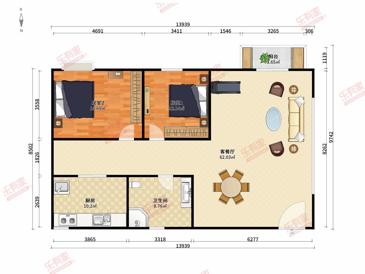 信息化测试楼盘 2房2厅1卫1厨1阳200.0m² 南