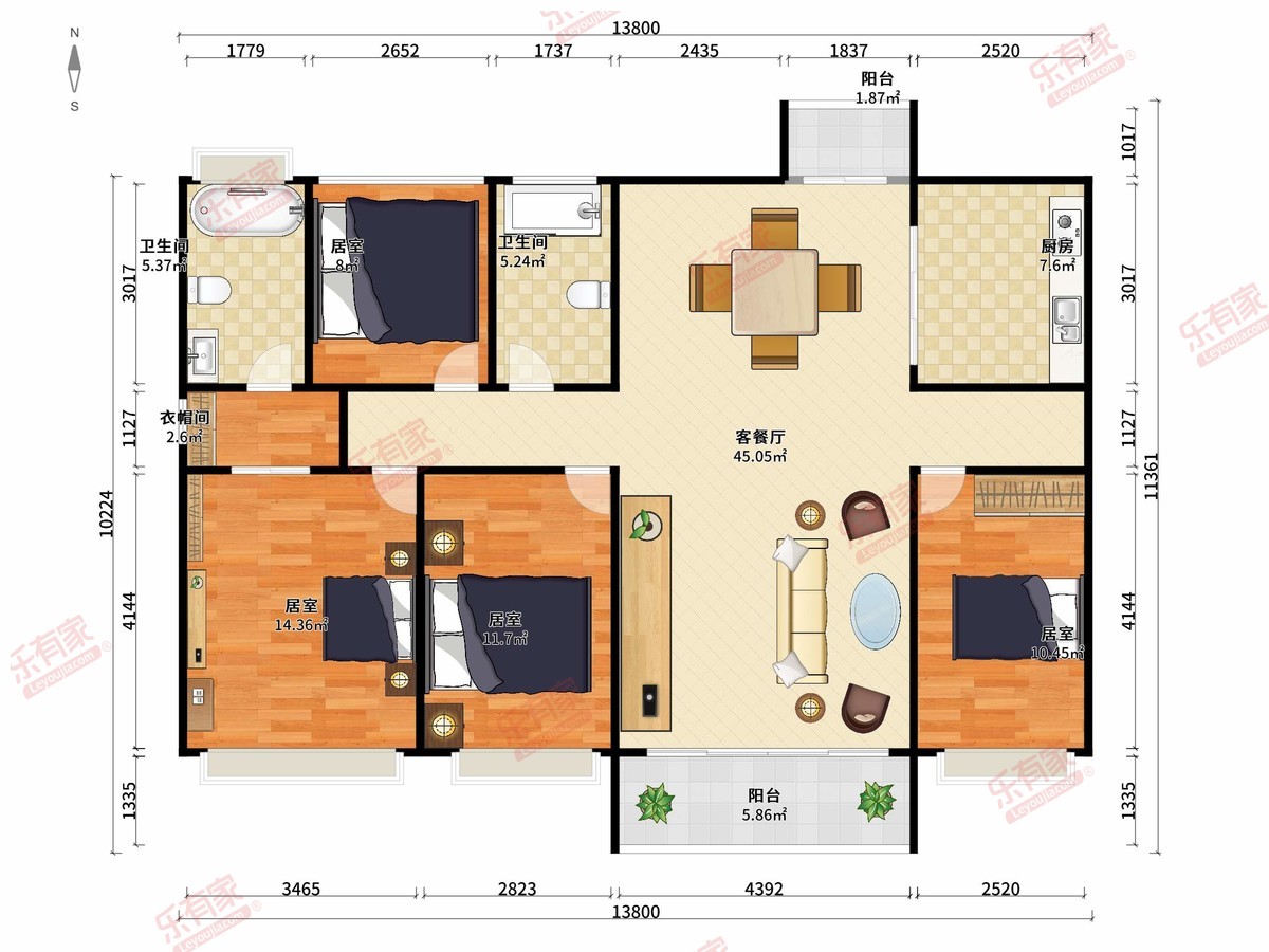 瀚康华府 4房2厅2卫1厨2阳119.33m² 南