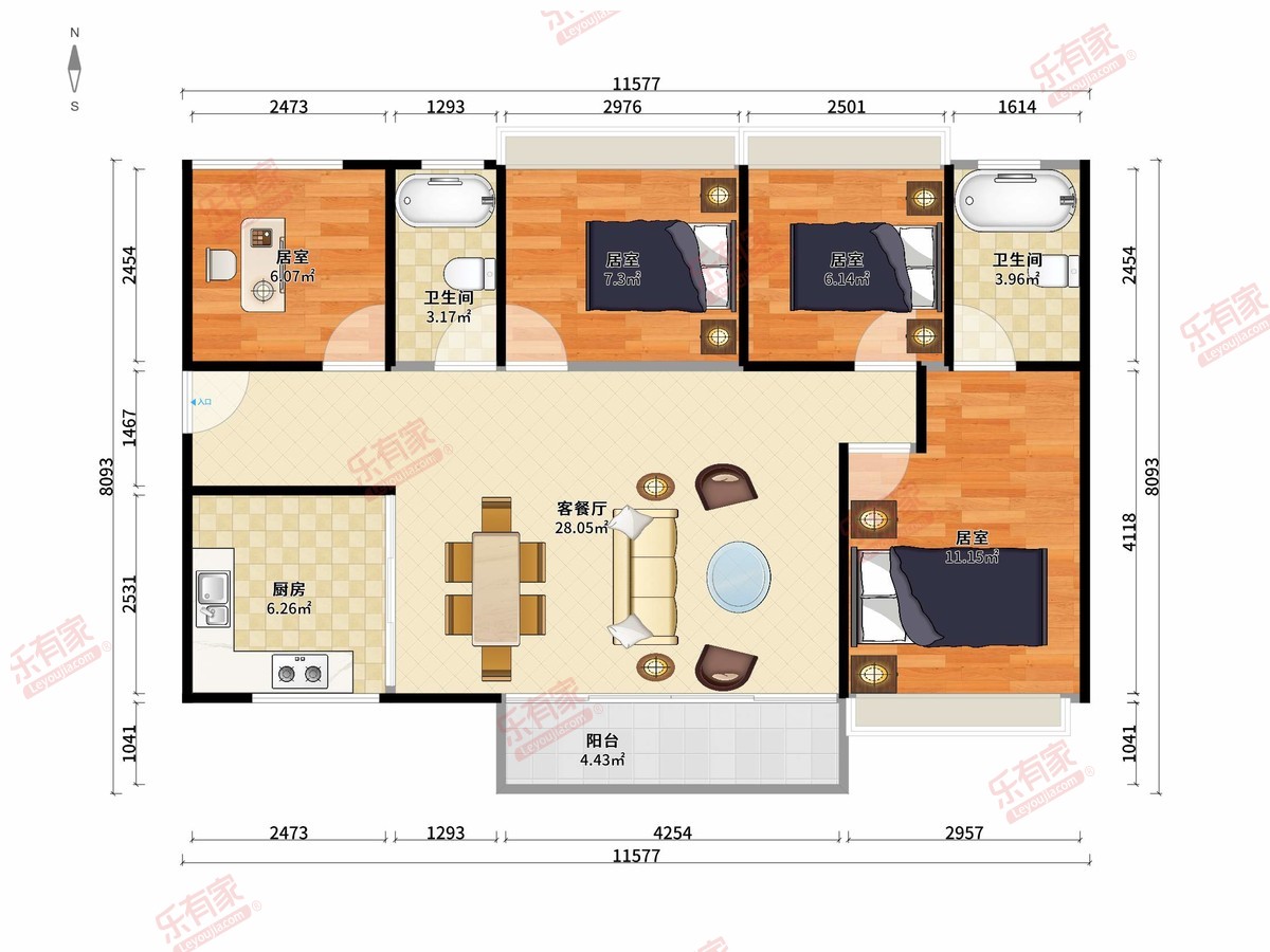 国璟花园 4房2厅2卫1厨1阳96.0m² 南