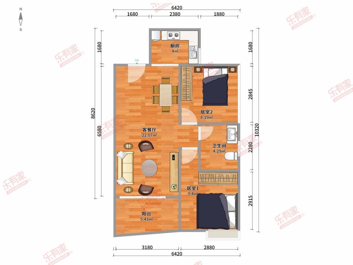 江畔明珠 2房2厅1卫1厨1阳69.0m² 北