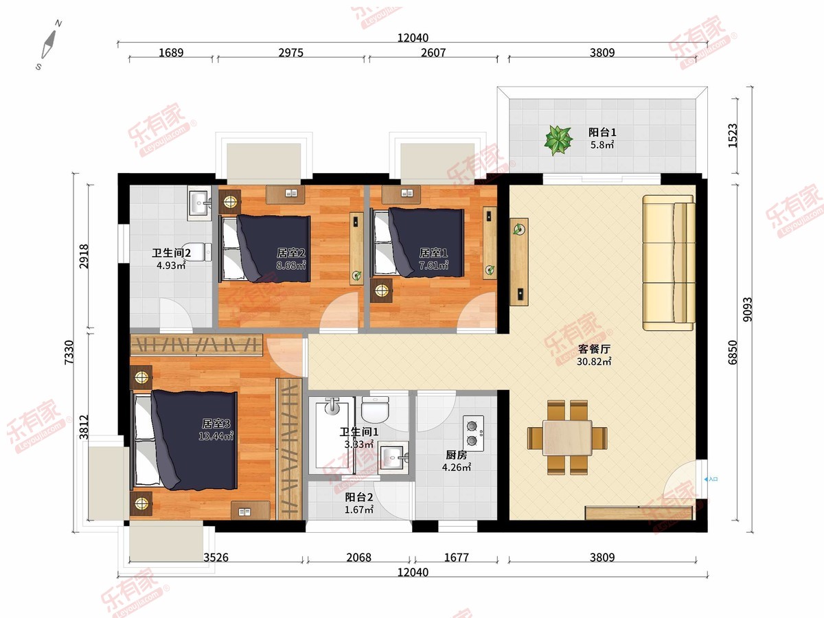 恒运豪庭 东北 普装 3室 2厅 93.96m²