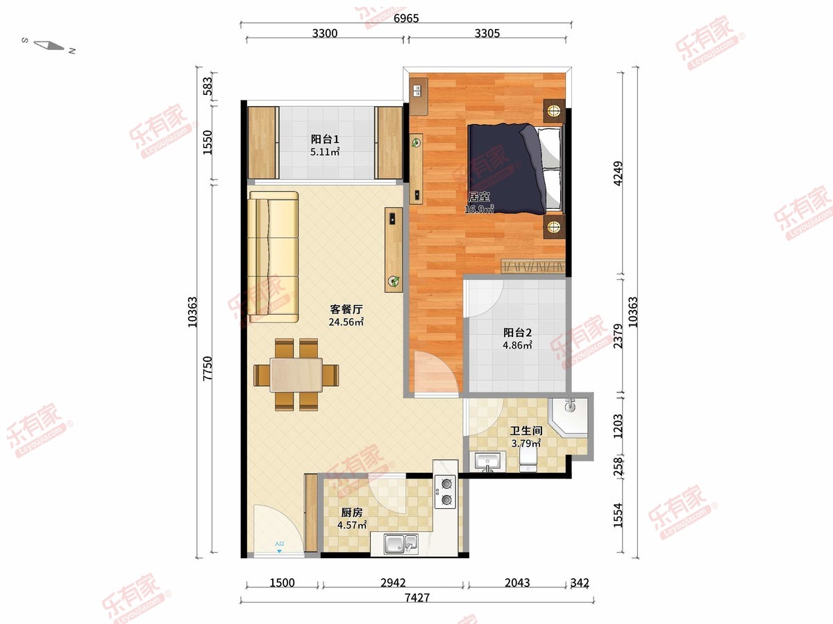 山水华庭 1房2厅1卫1厨2阳66.0m² 西南 1
