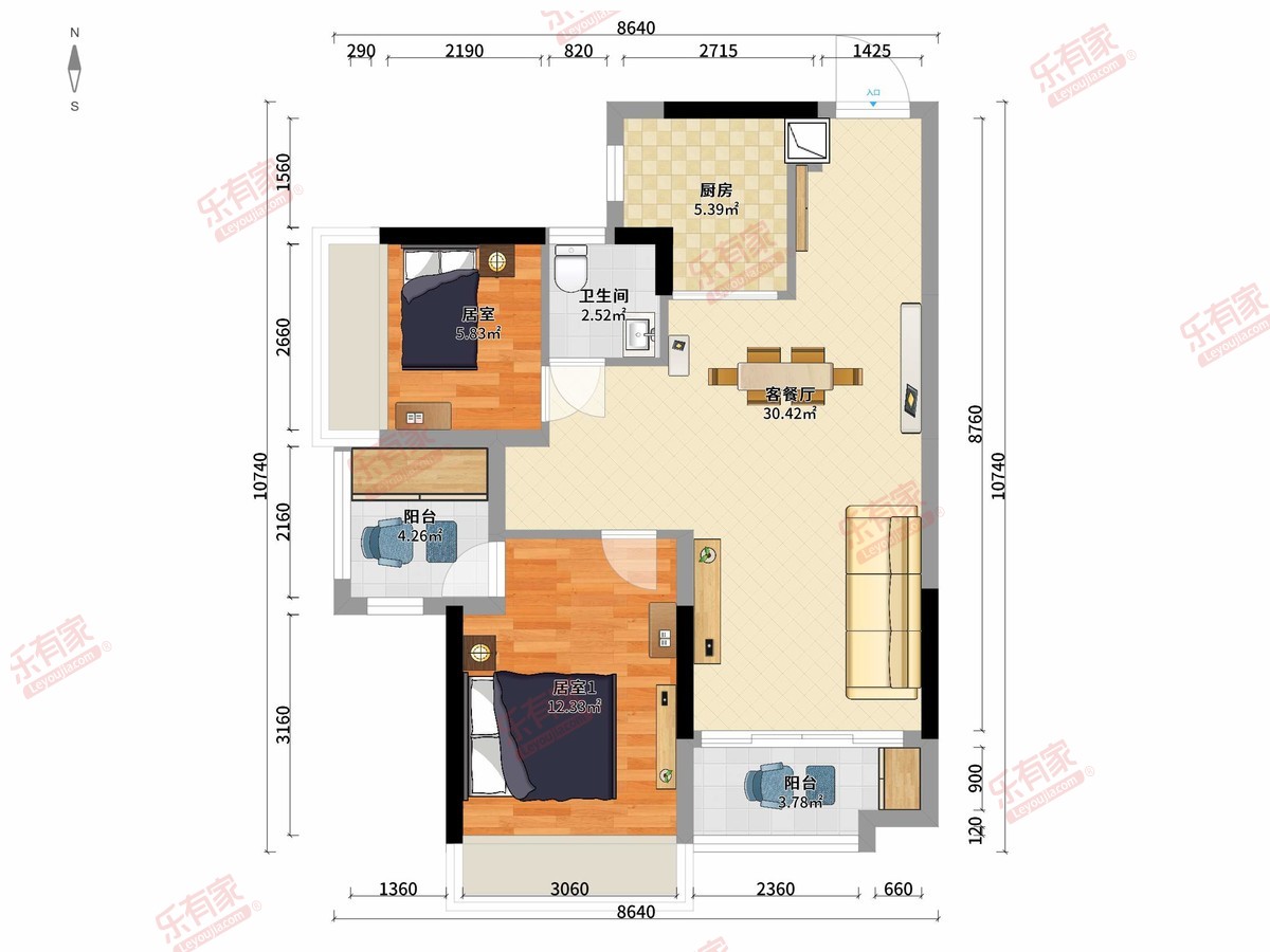 山水华庭 2房2厅1卫1厨2阳84.0m² 东