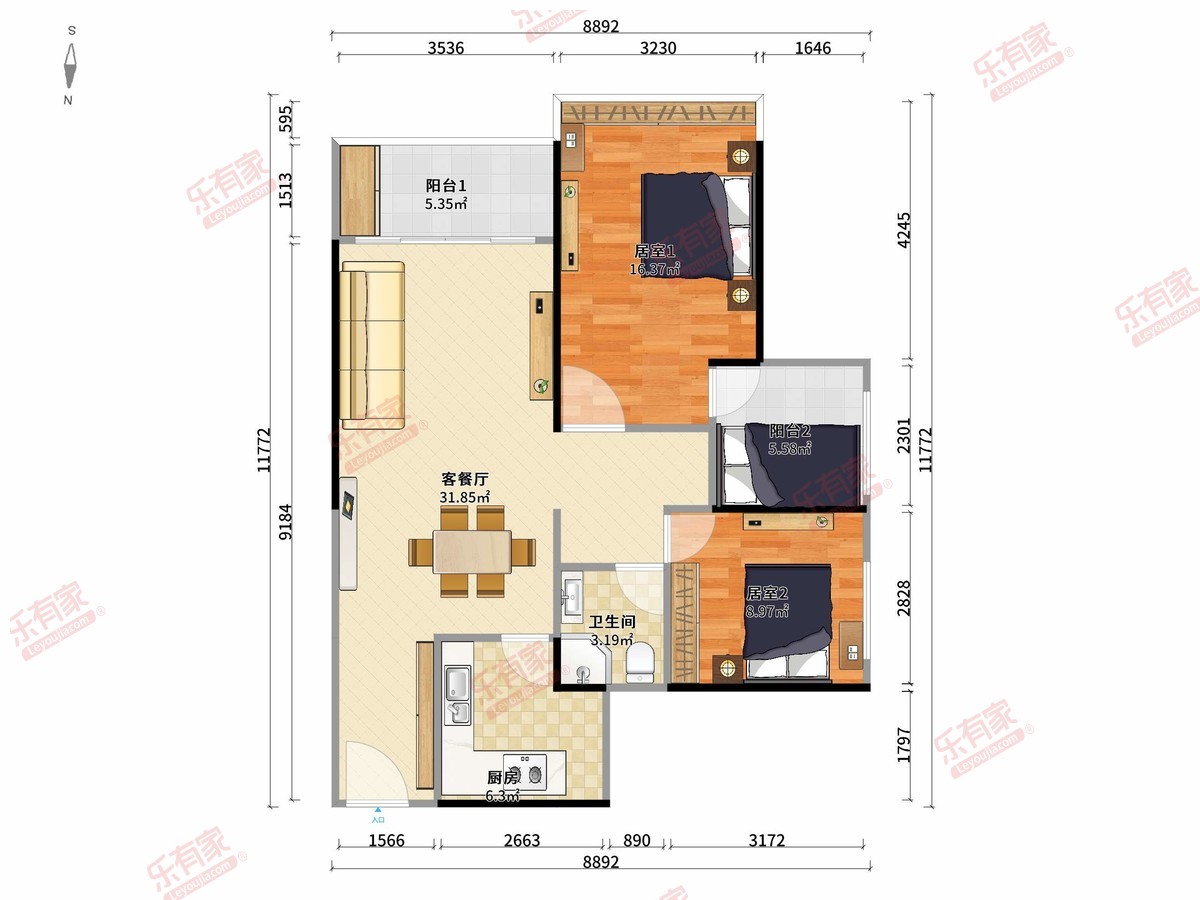 山水华庭 2房2厅1卫1厨2阳84.0m² 南