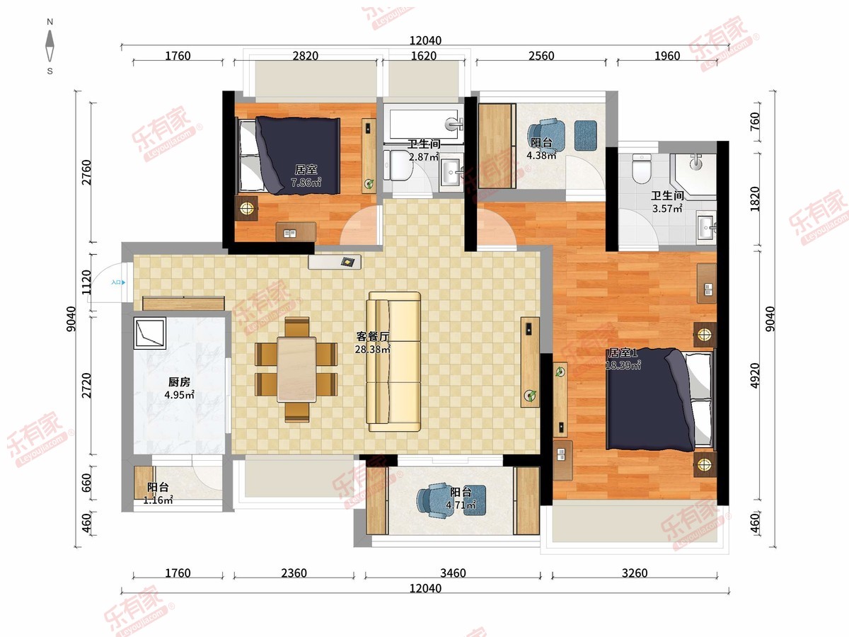 山水华庭 2房2厅2卫1厨3阳104.0m² 南北 1