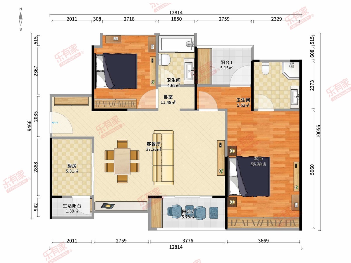 山水华庭 2房2厅2卫1厨3阳104.0m² 南北