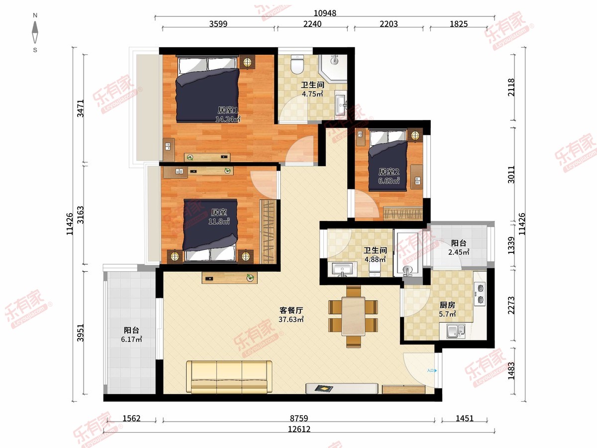 锦尚花园 3房2厅2卫1厨2阳96.0m² 南