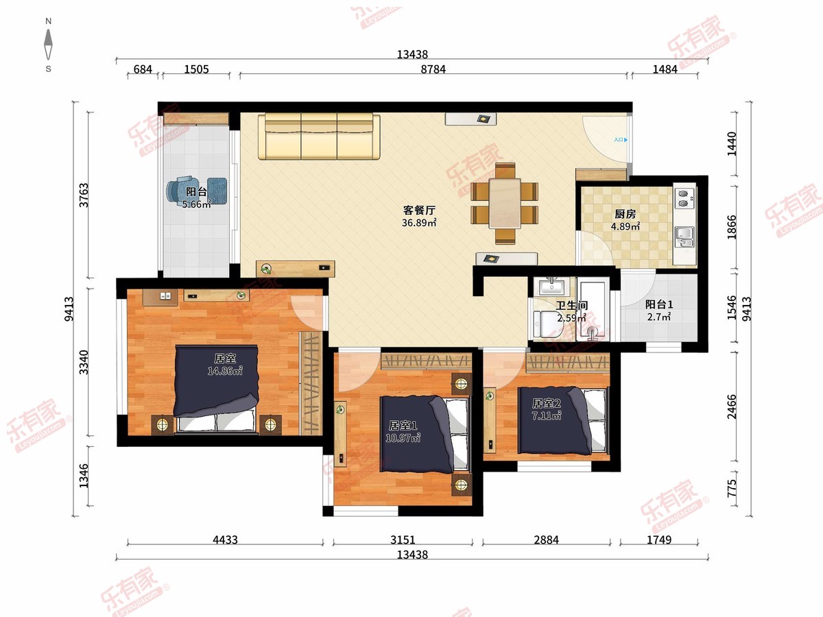 锦尚花园 3房2厅1卫1厨2阳86.0m² 南