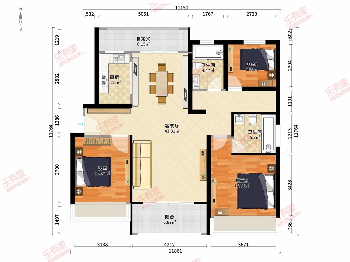 锦尚花园 3房2厅2卫1厨1阳106.0m² 南北
