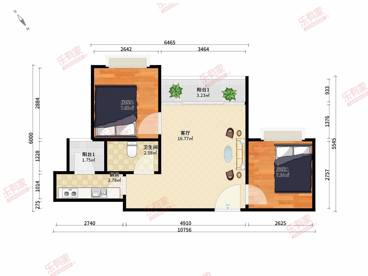 半山悦海花园 2房1厅1卫1厨2阳51.0m² 东南 1