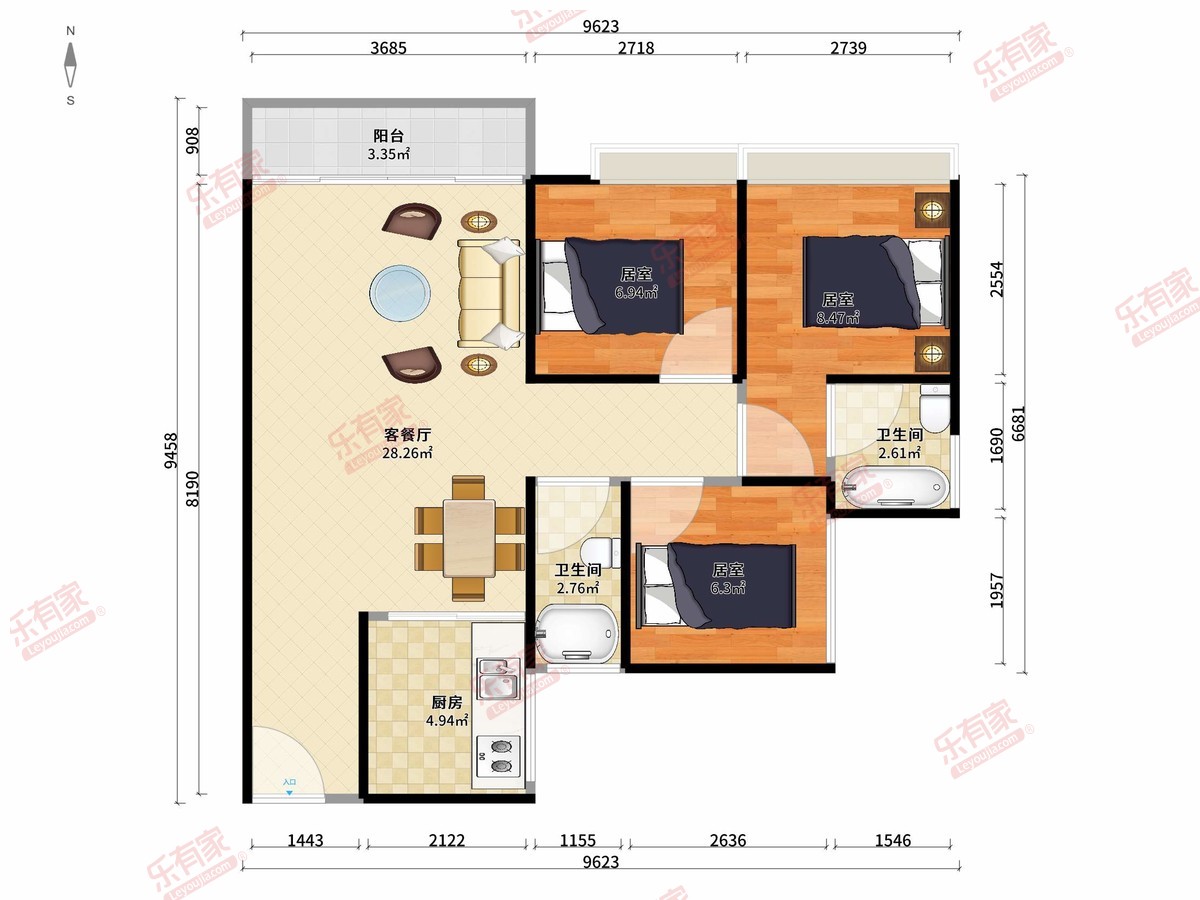 和悦雅苑 3房2厅2卫1厨1阳80.0m² 南